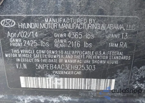 2014 Hyundai Sonata Gls z USA, uszkodzony, nr VIN 5NPEB4AC3EH925303